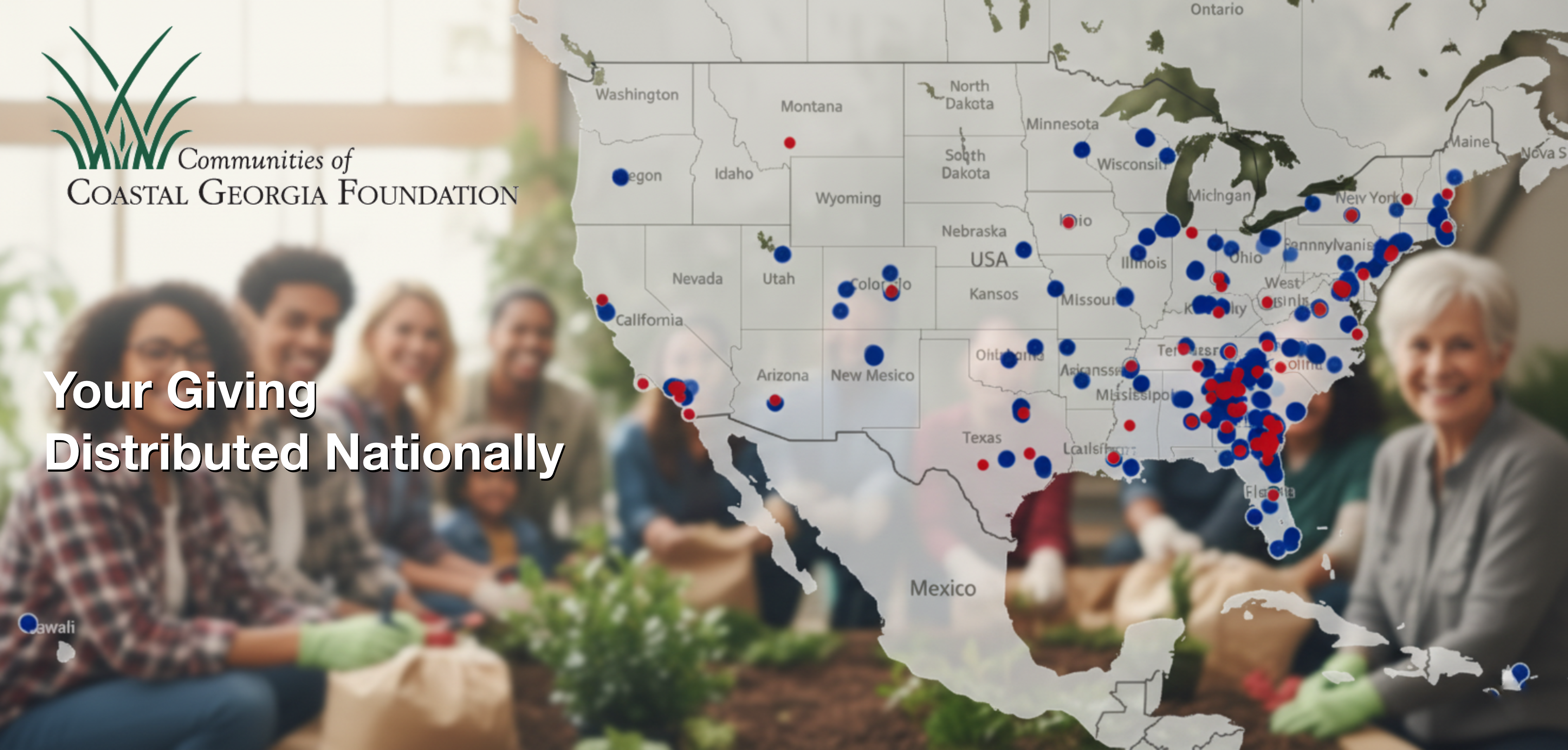 Group gardening in foreground, U.S. map with blue and red dots in background.