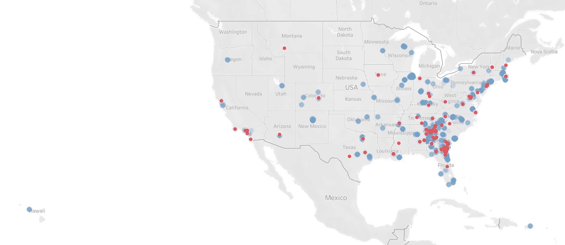 U.S. map with red and blue dots indicating locations.