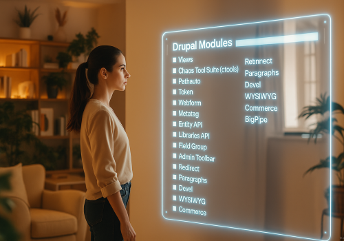 Woman looks at glowing holographic screen in cozy living room.