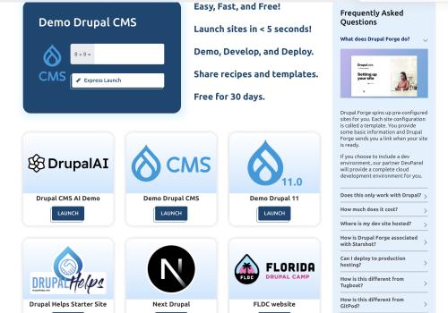 Demo Drupal CMS interface with various module icons and a FAQ sidebar.