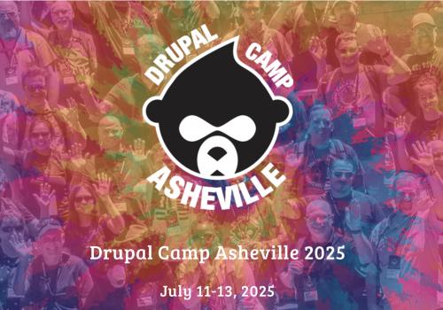 Drupal Camp Asheville 2025 logo over a colorful background.