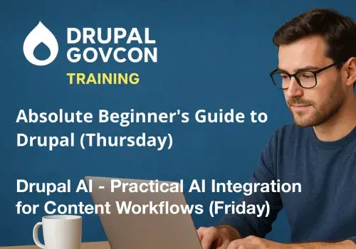 Man in glasses using a laptop, next to Drupal GovCon Training text.