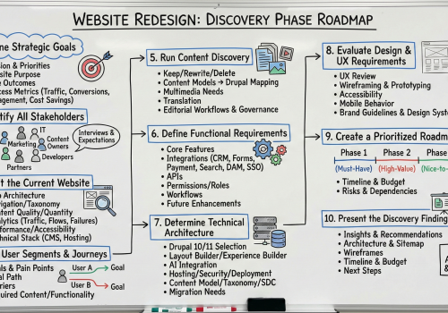 Whiteboard flowchart summarizing website redesign discovery phase roadmap.