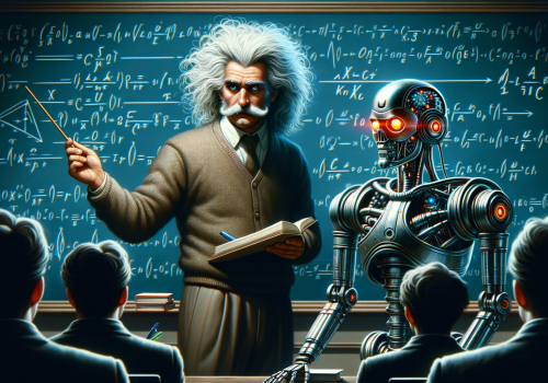 Scientist with wild hair teaches class with a humanoid robot, equations on the blackboard.