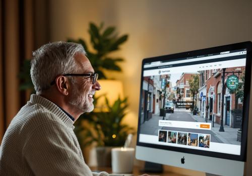 Senior man browsing a website on a desktop computer at night.