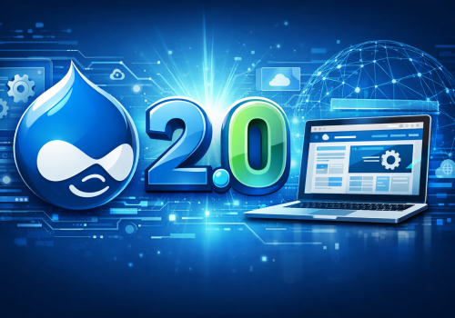 Drupal 2.0 logo with laptop on blue digital background.