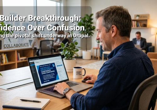 Man working on a laptop at a desk in a modern office, with a plant nearby.