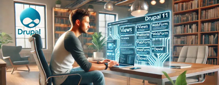 man looking at a computer screen with drupal 11 modules
