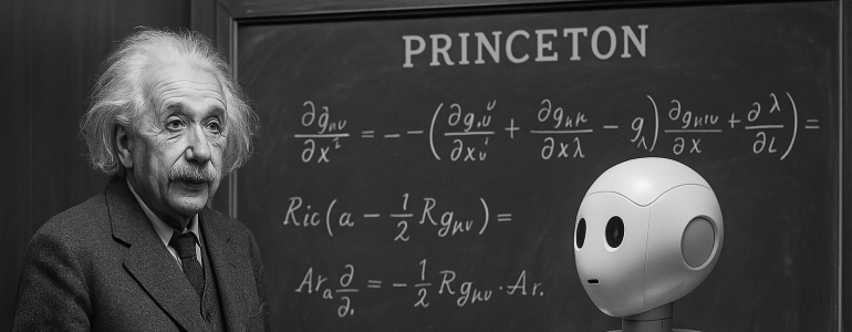 Photograph of a man and a humanoid robot in front of a chalkboard at Princeton.