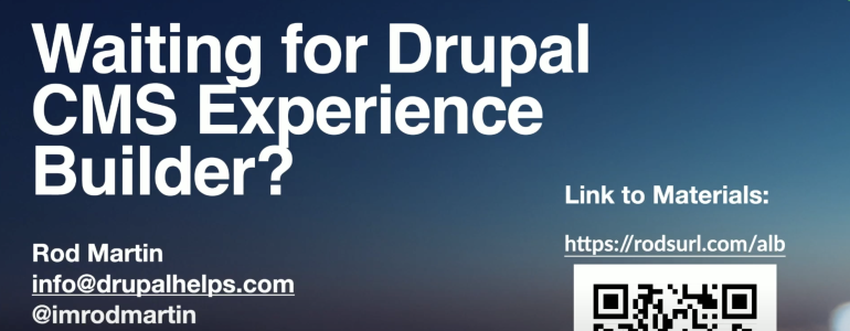 Waiting for Drupal CMS Experience Builder, with contact info and QR code.