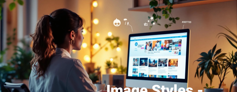 Woman at desk viewing image gallery on computer.