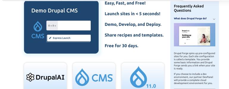 Demo Drupal CMS interface with various module icons and a FAQ sidebar.