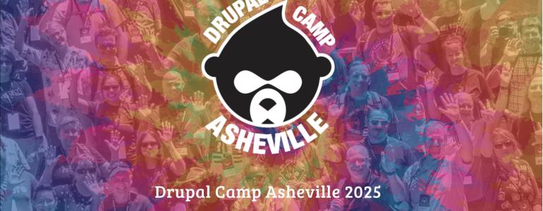 Drupal Camp Asheville 2025 logo over a colorful background.