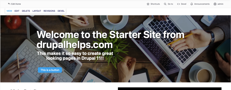 Website header with laptops and coffee cups on a wooden table.