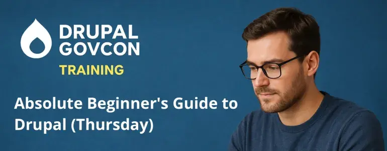 Man in glasses using a laptop, next to Drupal GovCon Training text.
