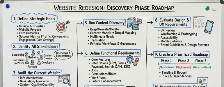 Whiteboard flowchart summarizing website redesign discovery phase roadmap.