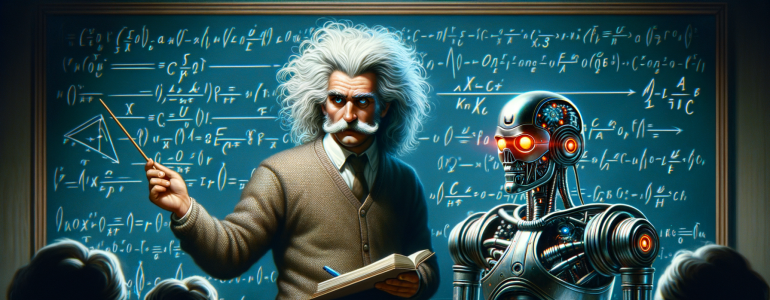Scientist with wild hair teaches class with a humanoid robot, equations on the blackboard.