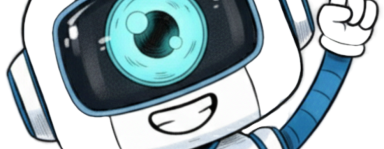 A smiling robot with a camera eye, raising one finger.