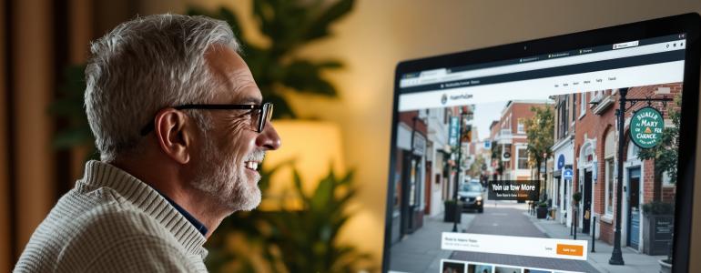 Senior man browsing a website on a desktop computer at night.