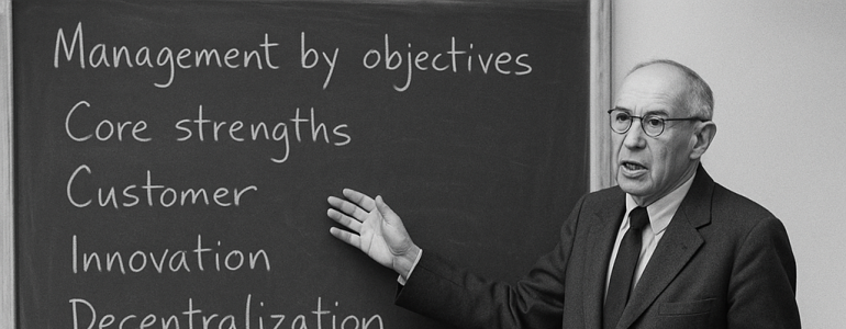A man in a suit lectures a seated audience, chalkboard lists management topics.