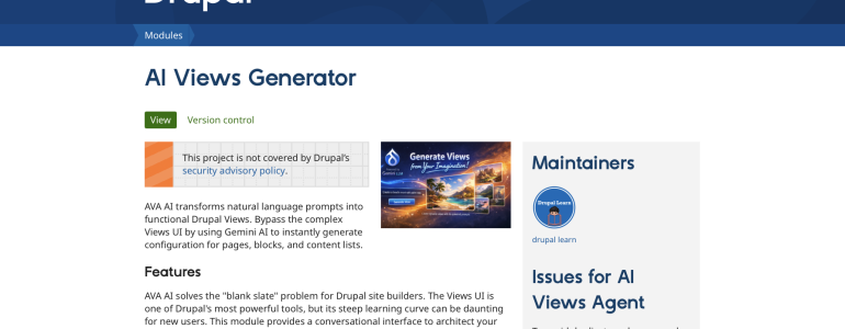 Drupal webpage for AI Views Generator with text and graphics.