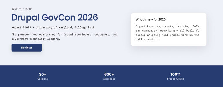Drupal GovCon 2028 banner with event date and location.