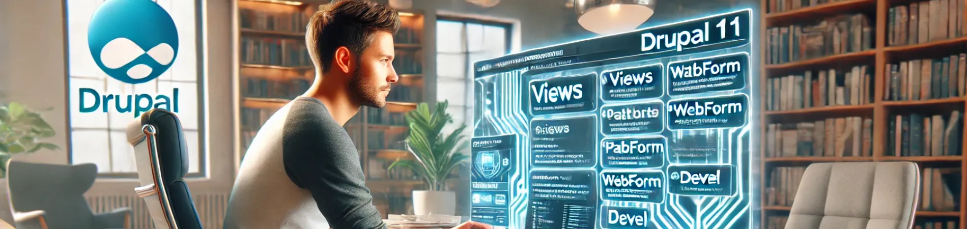 man looking at a computer screen with drupal 11 modules
