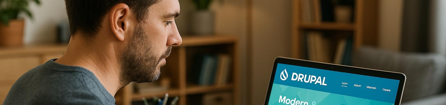 Man using a laptop, displaying a web design page, in a home office setting.