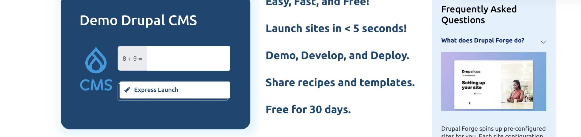 Demo Drupal CMS interface with various module icons and a FAQ sidebar.