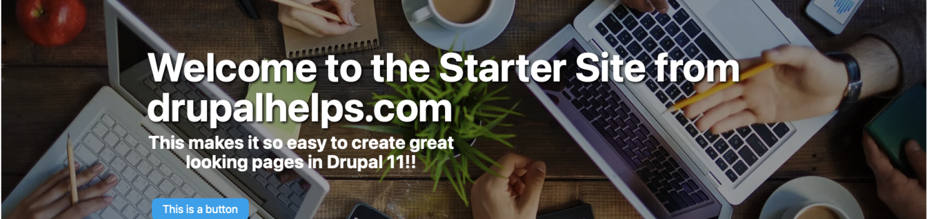 Website header with laptops and coffee cups on a wooden table.