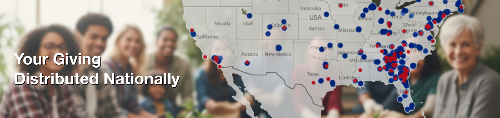Group gardening in foreground, U.S. map with blue and red dots in background.