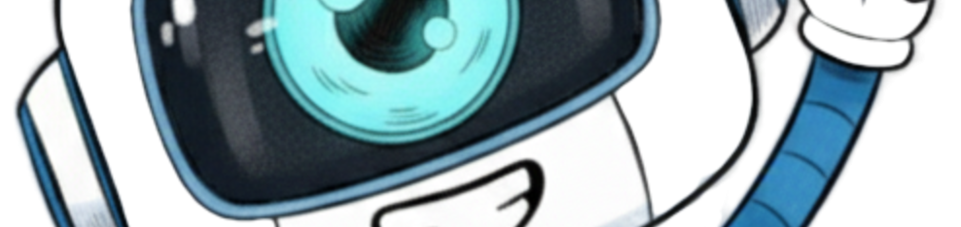 A smiling robot with a camera eye, raising one finger.