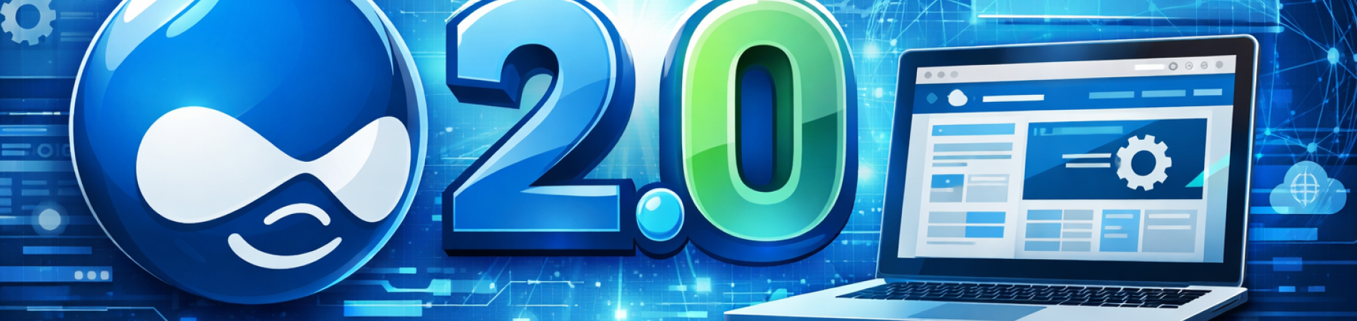 Drupal 2.0 logo with laptop on blue digital background.