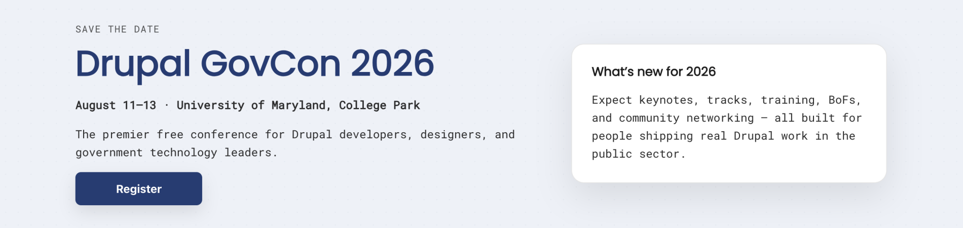 Drupal GovCon 2028 banner with event date and location.
