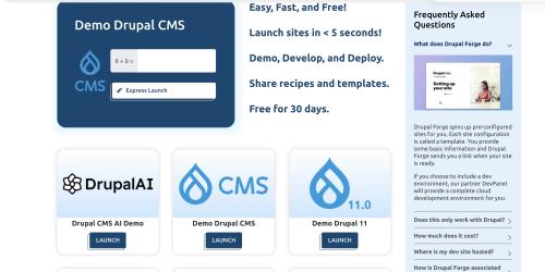 Demo Drupal CMS interface with various module icons and a FAQ sidebar.