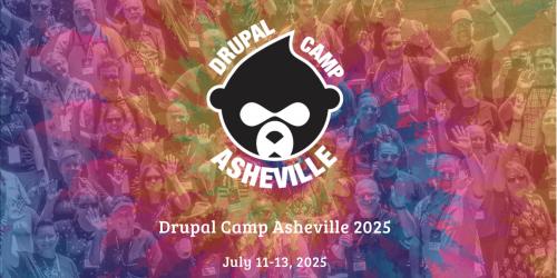 Drupal Camp Asheville 2025 logo over a colorful background.