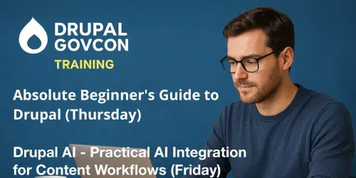 Man in glasses using a laptop, next to Drupal GovCon Training text.