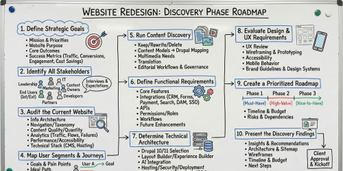 Whiteboard flowchart summarizing website redesign discovery phase roadmap.