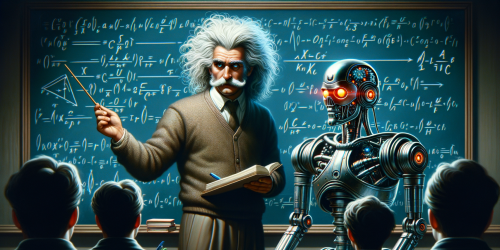 Scientist with wild hair teaches class with a humanoid robot, equations on the blackboard.