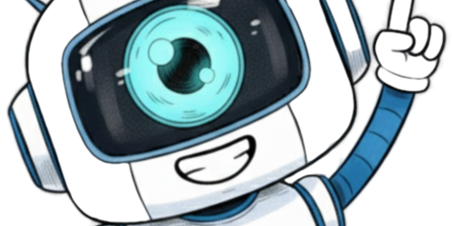A smiling robot with a camera eye, raising one finger.