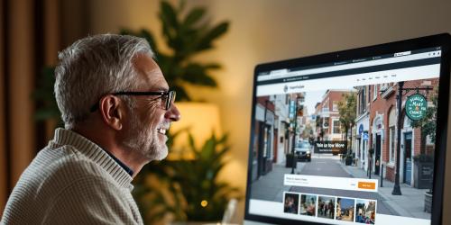 Senior man browsing a website on a desktop computer at night.