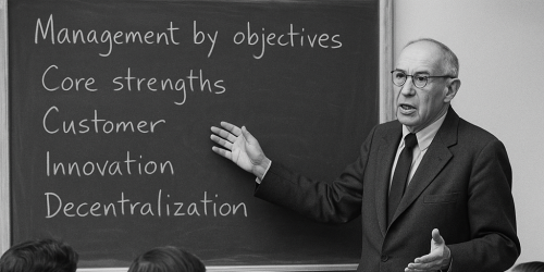 A man in a suit lectures a seated audience, chalkboard lists management topics.