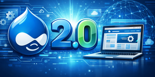 Drupal 2.0 logo with laptop on blue digital background.