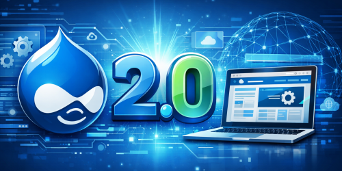 Drupal 2.0 logo with laptop on blue digital background.